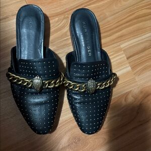 Kurt Geiger Black Leather Pointed Slip-On Mules with Gold Chain